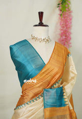 Sandal Beige with Blue - Roopa - Premium Chappa semi Tussar with Ganga Jamuna Border - Perfect for Small Functions