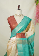 Sandal Beige with Brown - Roopa - Premium Chappa semi Tussar with Ganga Jamuna Border - Perfect for Small Functions