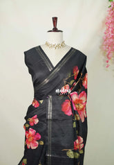 Jet Black - Roopa - Lightweight Semi Tussar Floral Prints with Small Border - Best for Office Wear | Get together | Casual Wear