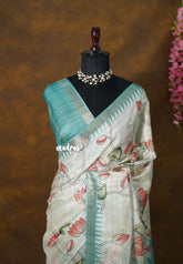 Pastel Seafoam Green - Roopa - Lightweight semi tussar Divine Lotus Prints with Kattam Body and Temple Border - Best for Office Wear | Get together | Casual Wear