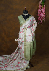 Pastel pista green - Roopa - Lightweight semi tussar Divine Lotus Prints with Kattam Body and Temple Border - Best for Office Wear | Get together | Casual Wear