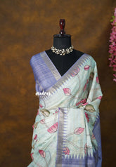 Lavender blue - Roopa - Lightweight semi tussar Divine Lotus Prints with Kattam Body and Temple Border - Best for Office Wear | Get together | Casual Wear