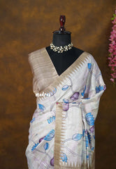 Pastel brown - Roopa - Lightweight semi tussar Divine Lotus Prints with Kattam Body and Temple Border - Best for Office Wear | Get together | Casual Wear