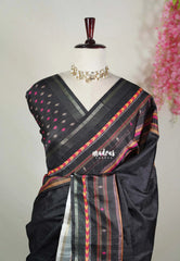 Jet Black - Roopa - Semi Tussar with Multiline Printed Border - Best for Office Wear | Get together | Casual Wear
