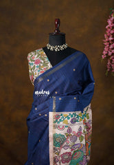 (PRE-BOOKING) Nightfall Blue - Neelambari - Semi Tussar Saree Tiny Border with kalamkari pallu and blouse - Perfect for Festive Wear