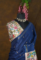 (PRE-BOOKING) Nightfall Blue - Neelambari - Semi Tussar Saree Tiny Border with kalamkari pallu and blouse - Perfect for Festive Wear