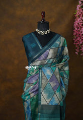 Shades of peacock blue - Roopa - Lightweight semi tussar with Contemporary prints - Best for Office Wear | Get together | Casual Wear
