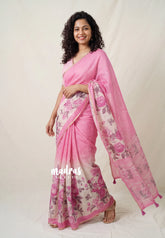 Rose Pink - Pragathi - Linen Cotton Saree with Floral Prints and Contrast Blouse - Best for Office Wear | Casual Wear