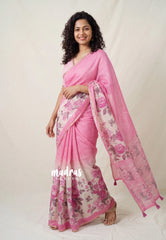 Rose Pink - Pragathi - Linen Cotton Saree with Floral Prints and Contrast Blouse - Best for Office Wear | Casual Wear