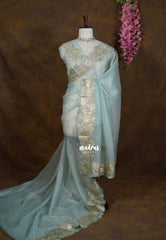 Golden Shade Seafoam Sage Green - Roshini - Pure Crushed Metallic Dualshade Tissue Silk with Heavy Sequin Embroidery Border - Best for Evening Functions