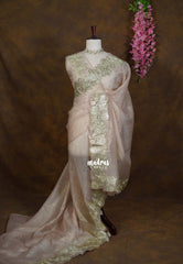 Golden Shade Blush Beige - Roshini - Pure Crushed Metallic Dualshade Tissue Silk with Heavy Sequin Embroidery Border - Best for Evening Functions