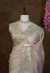 Golden Shade Blush Beige - Roshini - Pure Crushed Metallic Dualshade Tissue Silk with Heavy Sequin Embroidery Border - Best for Evening Functions