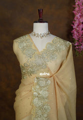 Golden Shade Warm Olive - Roshini - Pure Crushed Metallic Dualshade Tissue Silk with Heavy Sequin Embroidery Border - Best for Evening Functions