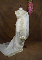 Golden Shade Ivory - Roshini - Pure Crushed Metallic Dualshade Tissue Silk with Heavy Sequin Embroidery Border - Best for Evening Functions