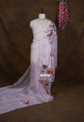 Frost Pink - Roshini - Pure Crushed Tissue Silk with Sequin Flower Embroidery Work And Scallop - Best for Evening Functions