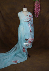 Creamy Sky Blue Roshini Pure Crushed Tissue Silk Saree with Sequin Floral Embroidery & Scallop Border