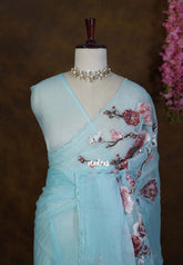 Creamy Sky Blue Roshini Pure Crushed Tissue Silk Saree with Sequin Floral Embroidery & Scallop Border