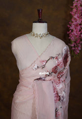 Powder Peach - Roshini - Pure Crushed Tissue Silk with Sequin Flower Embroidery Work And Scallop - Best for Evening Functions
