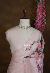 Powder Peach - Roshini - Pure Crushed Tissue Silk with Sequin Flower Embroidery Work And Scallop - Best for Evening Functions
