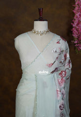 Misty Mint Green Pure Crushed Tissue Silk Saree with Sequin Floral Embroidery & Scalloped Border – Roshini