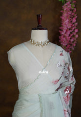 Misty Mint Green Pure Crushed Tissue Silk Saree with Sequin Floral Embroidery & Scalloped Border – Roshini