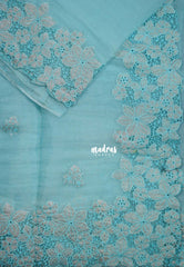 Creamy Sky Blue - Roshini - Pure Crushed Tissue Organza Cut Embroidery Pallu with Applique Work - Best for Evening Functions | Diwali Festive