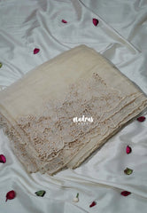 Taupe - Roshini - Pure Crushed Tissue Organza Cut Embroidery Pallu with Scallop Border - Best for Evening Functions | Diwali Festive