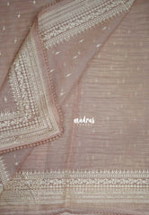 Muted Blush Pink - Roshini - Pure Tissue Organza Silk Embroidery Border and Buttas with Shimmer & Lace - Best for Evening Functions | Diwali Festive