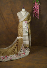Olive Tone - Rukmani - Premium Tussar Silk with Big Floral Border - Perfect for Office Wear