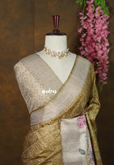 Olive Tone - Rukmani - Premium Tussar Silk with Big Floral Border - Perfect for Office Wear