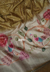 Olive Tone - Rukmani - Premium Tussar Silk with Big Floral Border - Perfect for Office Wear