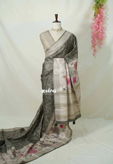 Olive Grey - Rukmani - Premium Tussar Silk with Peacock Border - Perfect for Meetings | Reception | Tea Party