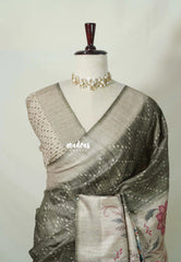 Olive Grey - Rukmani - Premium Tussar Silk with Peacock Border - Perfect for Meetings | Reception | Tea Party