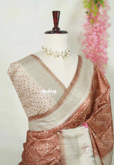Peach Brown - Rukmani - Premium Tussar Silk with Peacock Border - Perfect for Meetings | Reception | Tea Party
