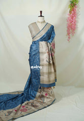Peacock Blue - Rukmani - Premium Tussar Silk with Peacock Border - Perfect for Meetings | Reception | Tea Party