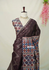Dark chocolate Brown - Rukmani - Premium Tussar Silk with Full Weaving Ajrakh Pallu and Blouse - Perfect for Office Wear