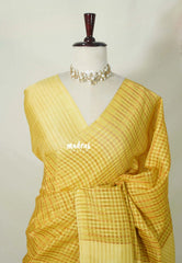 Pastel Yellow - Rukmani - Premium Tussar Silk Saree with Checks Weaving - Perfect for tea party
