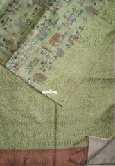 Sage Green - Rukmani - Premium Tussar Silk with Embroidery Border and Warli Prints - Best for Evening Functions | Casual Occasions