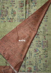 Sage Green - Rukmani - Premium Tussar Silk with Embroidery Border and Warli Prints - Best for Evening Functions | Casual Occasions