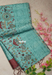 Muted Aqua Green - Rukmani - Premium Tussar Silk with Embroidery Border and Warli Prints - Best for Evening Functions | Casual Occasions