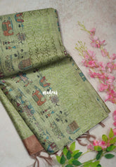 Sage Green - Rukmani - Premium Tussar Silk with Embroidery Border and Warli Prints - Best for Evening Functions | Casual Occasions
