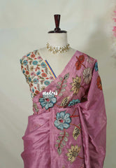Mauve Pink - Rukmani - Premium Tussar Silk with Pen Kalamkari Patch Work Floral Motif - Perfect for Small Functions