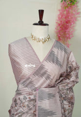 Muted Blush Pink - Rukmani - Premium Tussar Silk with Kalamkari Prints and Temple Border - Perfect for Office Wear