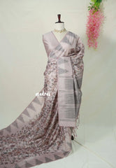 Muted Blush Pink - Rukmani - Premium Tussar Silk with Kalamkari Prints and Temple Border - Perfect for Office Wear