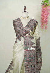 Taupe Grey - Rukmani - Premium Tussar Silk with Ajrakh Pallu and Blouse - Perfect for Office Wear