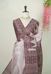 Pastel Blush Pink - Rukmani - Premium Tussar Silk with Ajrakh Pallu and Blouse - Perfect for Office Wear