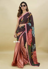 Candle Light Peach with Brown - Satin Hand Embroidered Beaded Partly Pallu Saree - Best for Reception, Engagement Functions