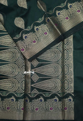 Deep Bottle Green - Durga - Banarasi Semi Dupion silk with Gold Zari Buttas and Border - Best for Function Wear