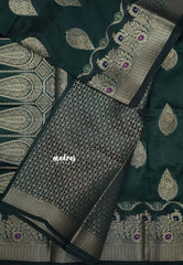 Deep Bottle Green - Durga - Banarasi Semi Dupion silk with Gold Zari Buttas and Border - Best for Function Wear