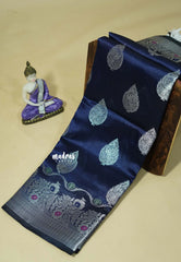 Midnight Blue - Durga - Banarasi Semi Dupion silk with Silver Zari Buttas and Border - Best for Function Wear